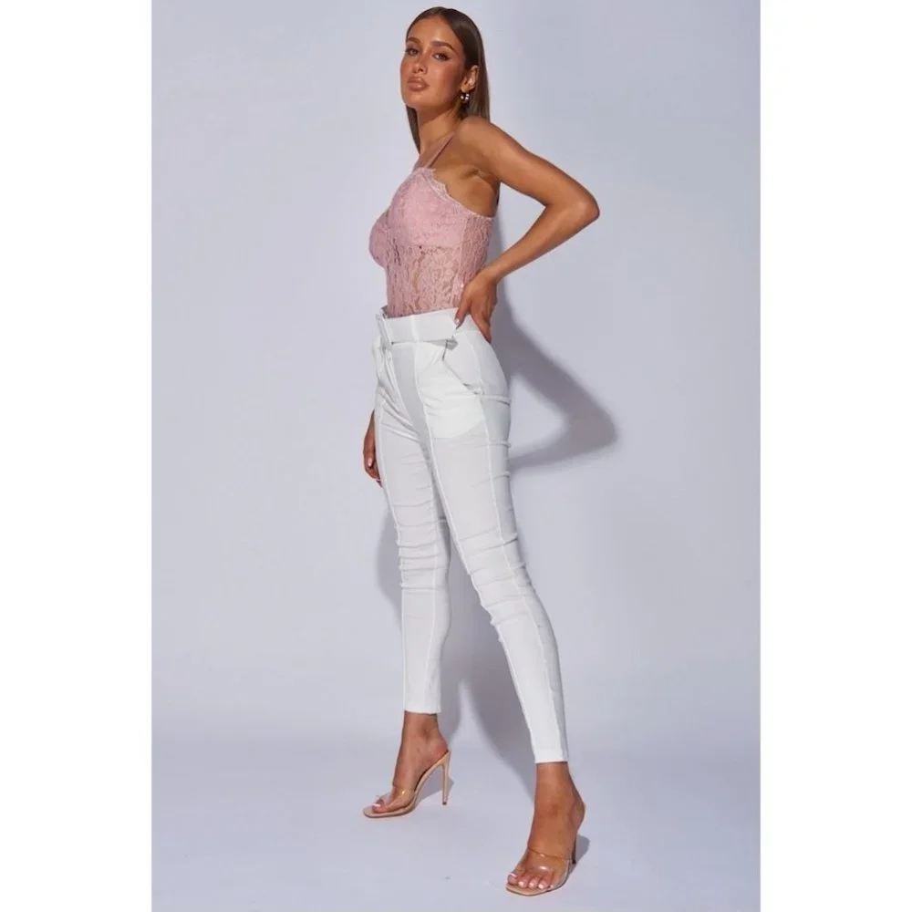 White High Waist Buckle Belt Tapered Cropped Straight Leg Ankle Pants - Picture 7 of 14